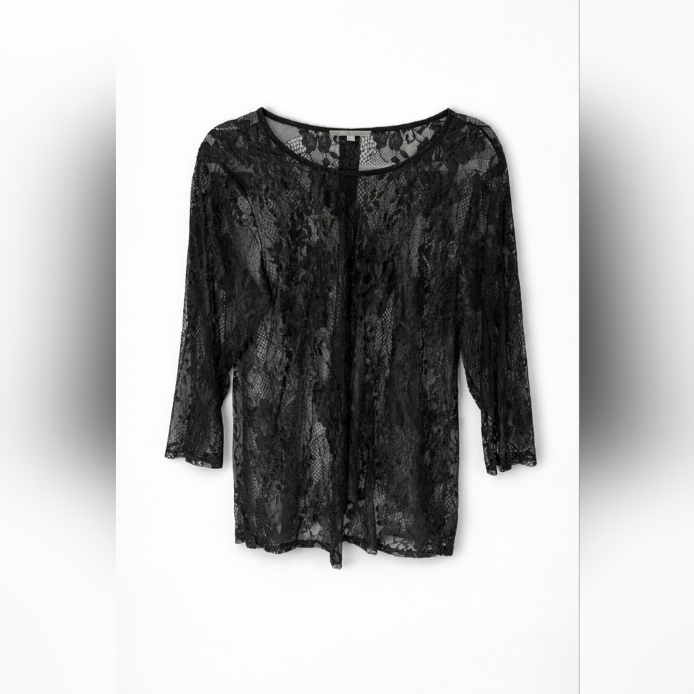 Joan Vass Black Sheer Lace Top | Romantic Floral Lace Blouse